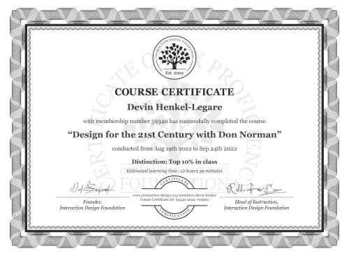 Devin Henkel-Legare’s Course Certificate: Design for the 21st Century with Don Norman