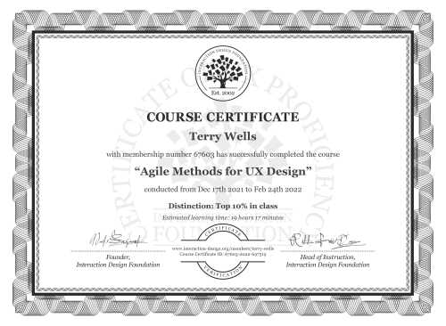Terry Wells’s Course Certificate: Agile Methods for UX Design