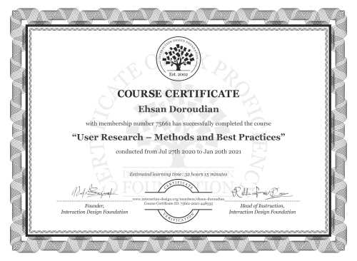 Ehsan Doroudian’s Course Certificate: User Research – Methods and Best Practices