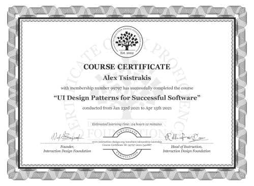 Alex Tsistrakis’s Course Certificate: UI Design Patterns for Successful Software