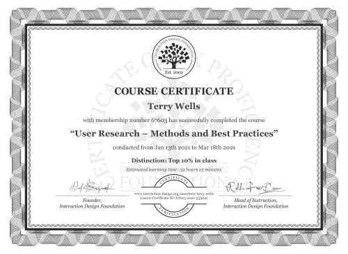 Terry Wells’s Course Certificate: User Research – Methods and Best Practices
