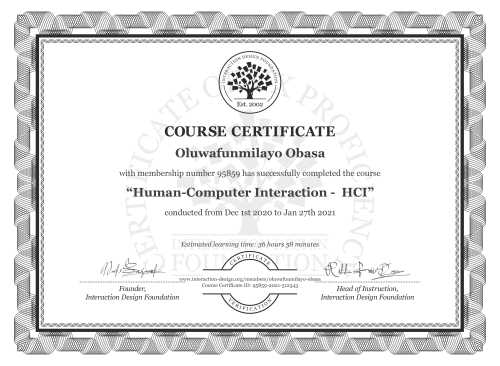 Oluwafunmilayo Obasa’s Course Certificate: Human-Computer Interaction -  HCI
