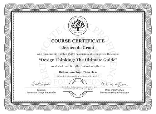 Jeroen de Groot’s Course Certificate: Design Thinking: The Ultimate Guide