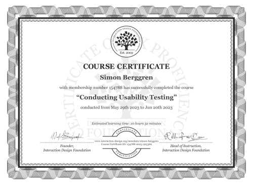 Simon Berggren’s Course Certificate: Conducting Usability Testing