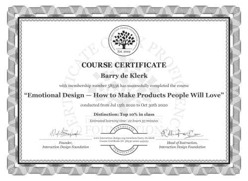 Barry De Klerk’s Course Certificate: Emotional Design — How to Make Products People Will Love