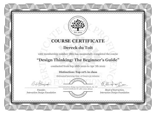 Dereck du Toit’s Course Certificate: Design Thinking: The Beginner’s Guide