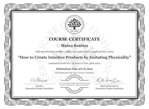 Mateo Benitez’s Course Certificate: How to Create Intuitive Products by Imitating Physicality