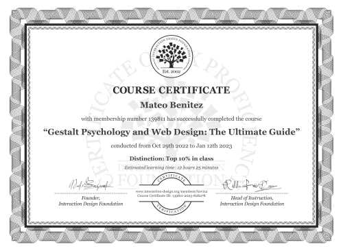 Mateo Benitez’s Course Certificate: Gestalt Psychology and Web Design: The Ultimate Guide