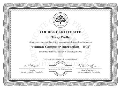 Terry Wells’s Course Certificate: Human-Computer Interaction -  HCI