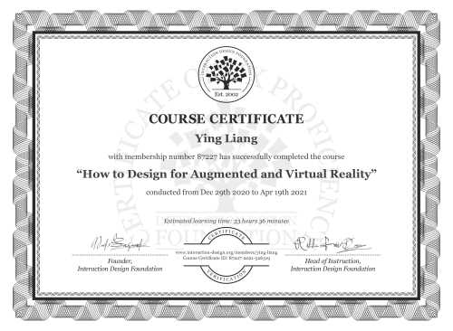 Ying Liang’s Course Certificate: How to Design for Augmented and Virtual Reality