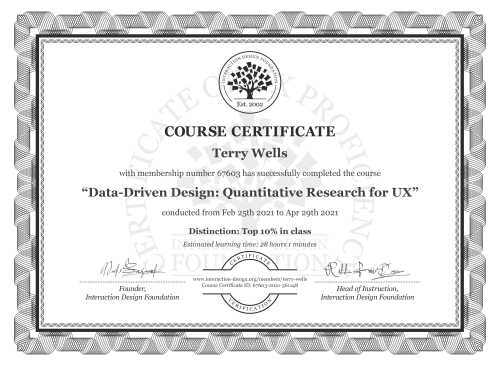 Terry Wells’s Course Certificate: Data-Driven Design: Quantitative Research for UX