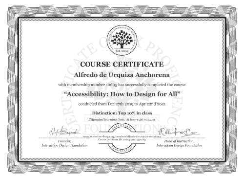 Alfredo de Urquiza Anchorena’s Course Certificate: Accessibility: How to Design for All