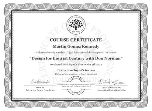 Martin Gomez Kennedy’s Course Certificate: Design for the 21st Century with Don Norman