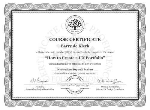 Barry de Klerk’s Course Certificate: How to Create a UX Portfolio