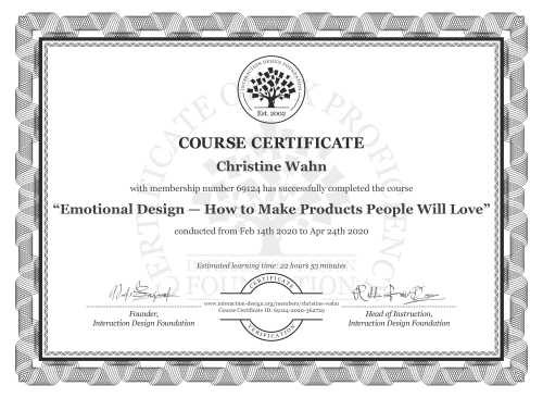 Christine Wahn’s Course Certificate: Emotional Design — How to Make Products People Will Love