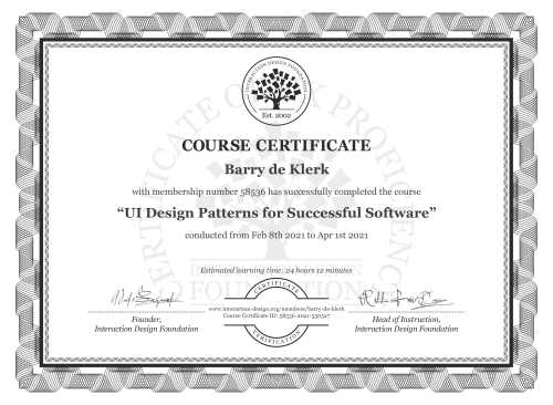 Barry de Klerk’s Course Certificate: UI Design Patterns for Successful Software