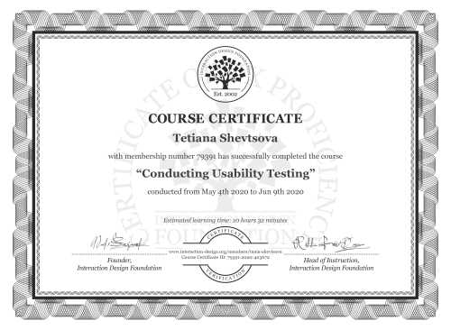 Tetiana Shevtsova’s Course Certificate: Conducting Usability Testing