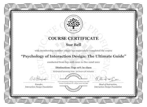 Sue Bell’s Course Certificate: Psychology of Interaction Design: The Ultimate Guide