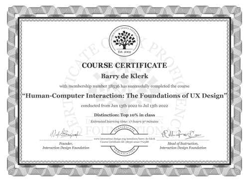 Barry de Klerk’s Course Certificate: Human-Computer Interaction: The Foundations of UX Design