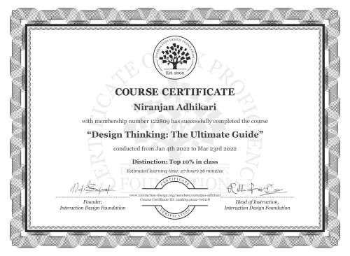 Niranjan Adhikari’s Course Certificate: Design Thinking: The Ultimate Guide