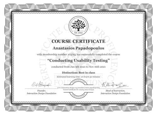 Anastasios Papadopoulos’s Course Certificate: Conducting Usability Testing
