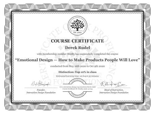 Derek Rudel’s Course Certificate: Emotional Design — How to Make Products People Will Love