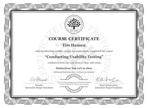 Tim Hansen’s Course Certificate: Conducting Usability Testing