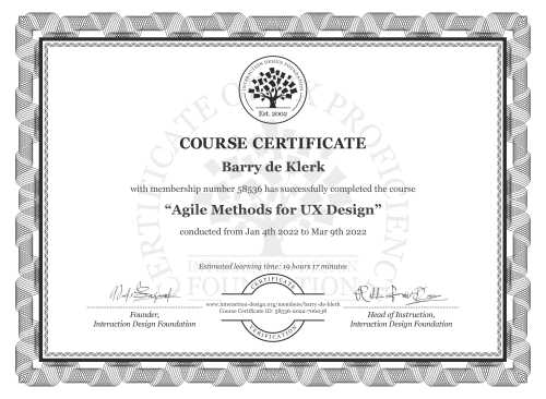 Barry de Klerk’s Course Certificate: Agile Methods for UX Design