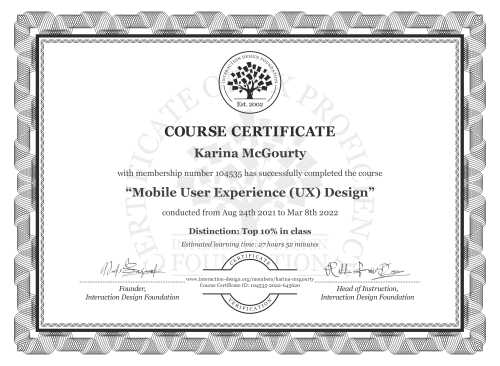 Karina McGourty’s Course Certificate: Mobile User Experience (UX) Design
