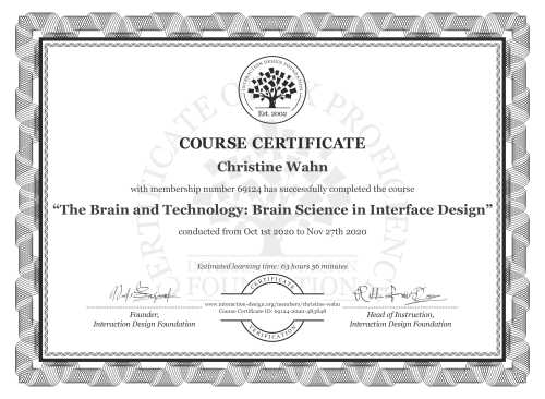 Christine Wahn’s Course Certificate: The Brain and Technology: Brain Science in Interface Design