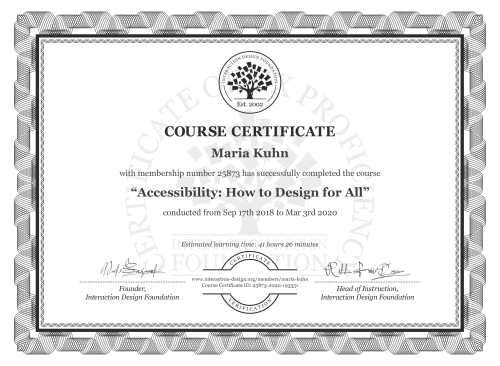 Maria Kuhn’s Course Certificate: Accessibility: How to Design for All