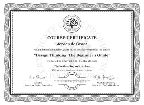 Jeroen de Groot’s Course Certificate: Design Thinking: The Beginner’s Guide