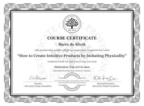 Barry de Klerk’s Course Certificate: How to Create Intuitive Products by Imitating Physicality