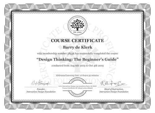 Barry de Klerk’s Course Certificate: Design Thinking: The Beginner’s Guide