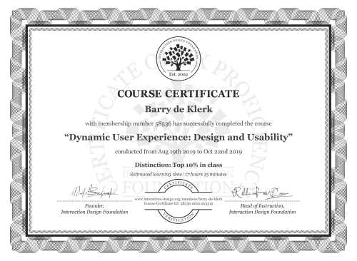 Barry de Klerk’s Course Certificate: Dynamic User Experience: Design and Usability