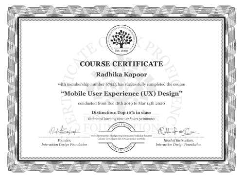 Radhika Kapoor’s Course Certificate: Mobile User Experience (UX) Design