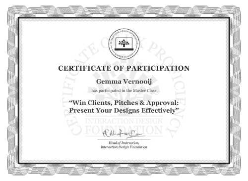 Gemma Vernooij’s Masterclass Certificate: Win Clients, Pitches & Approval: Present Your Designs Effectively
