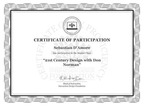 Sebastian D'Amore’s Masterclass Certificate: 21st Century Design with Don Norman
