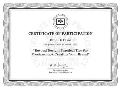 Dino DeFazio’s Masterclass Certificate: Beyond Design: Practical Tips for Freelancing & Creating Your Brand