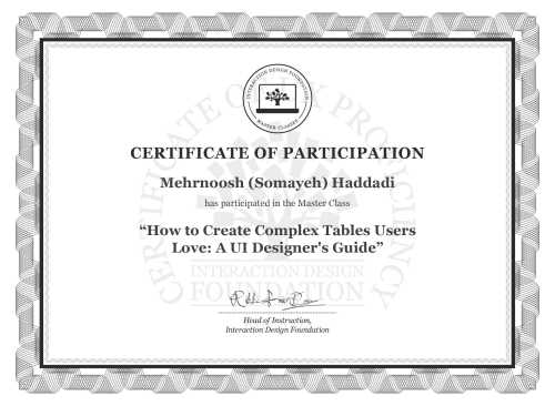 Mehrnoosh (Somayeh) Haddadi’s Masterclass Certificate: How to Create Complex Tables Users Love: A UI Designer's Guide