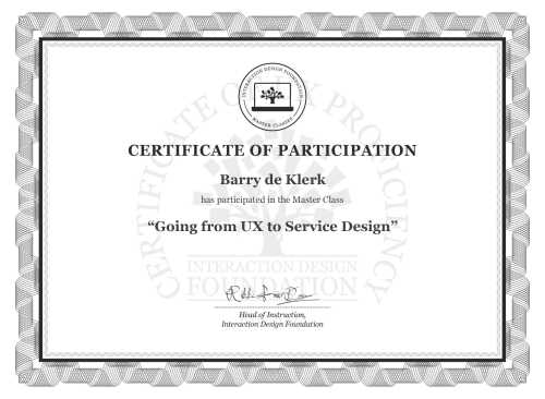 Barry de Klerk’s Masterclass Certificate: Going from UX to Service Design