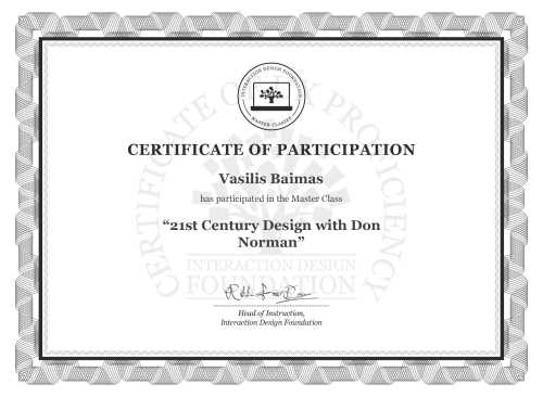 Vasilis Baimas’s Masterclass Certificate: 21st Century Design with Don Norman
