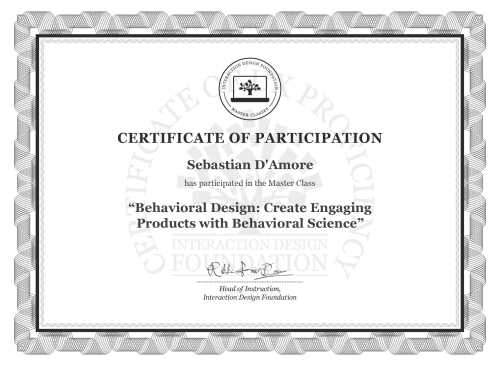 Sebastian D'Amore’s Masterclass Certificate: Behavioral Design: Create Engaging Products with Behavioral Science
