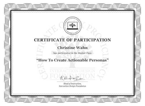 Christine Wahn’s Masterclass Certificate: How To Create Actionable Personas