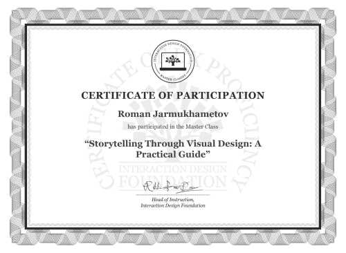Roman Jarmukhametov’s Masterclass Certificate: Storytelling Through Visual Design: A Practical Guide