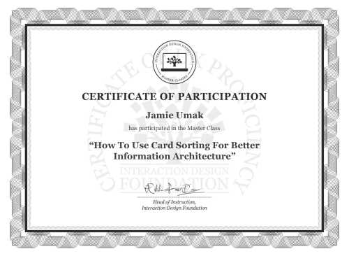 Jamie Umak’s Masterclass Certificate: How To Use Card Sorting For Better Information Architecture