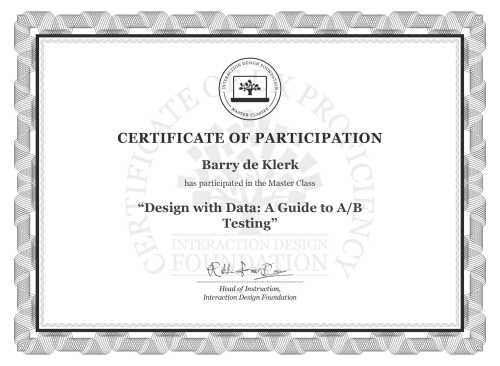 Barry de Klerk’s Masterclass Certificate: Design with Data: A Guide to A/B Testing