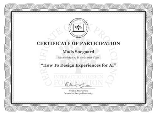 Mads Soegaard’s Masterclass Certificate: How To Design Experiences for AI