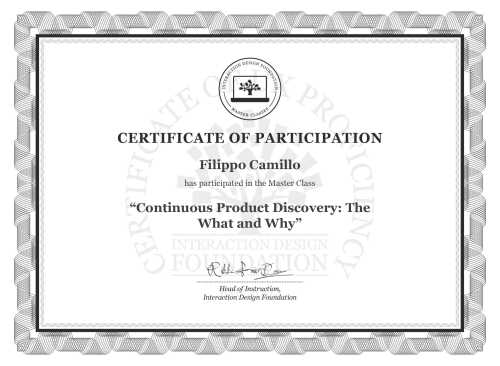 Filippo Camillo’s Masterclass Certificate: Continuous Product Discovery: The What and Why