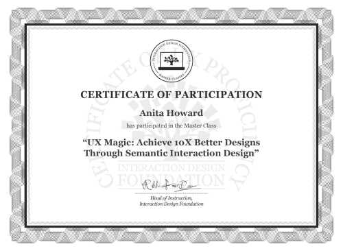 Anita Howard’s Masterclass Certificate: UX Magic: Achieve 10X Better Designs Through Semantic Interaction Design